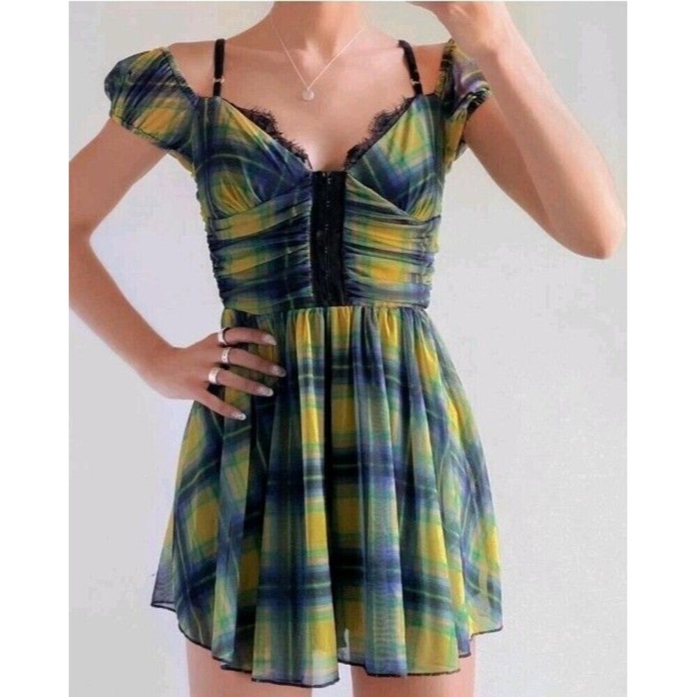 Urban Outfitters Tula Layered Mesh Playsuit  Romper Size Medium Plaid Smock Nwt